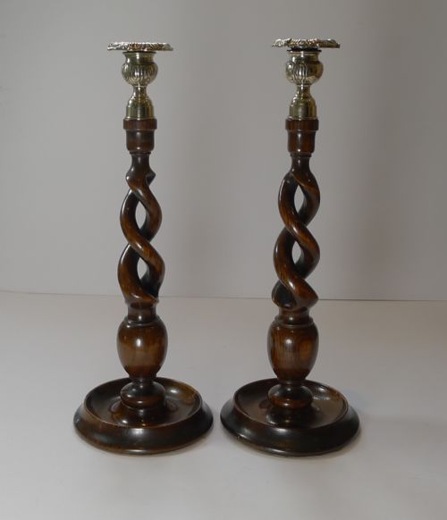 Fine Pair Antique English Oak Open Barley Twist Candlesticks C.1910