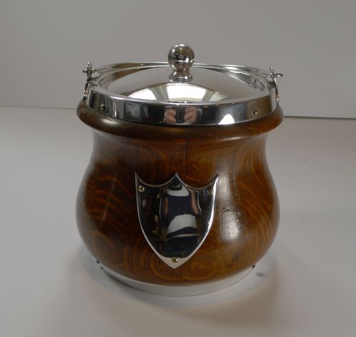 Oak and Silver Plate Biscuit Box / Barrel by John Grinsell & Co. C.1890