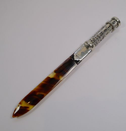 Antique Tortoiseshell & Sterling Silver Letter Opener with Calendar