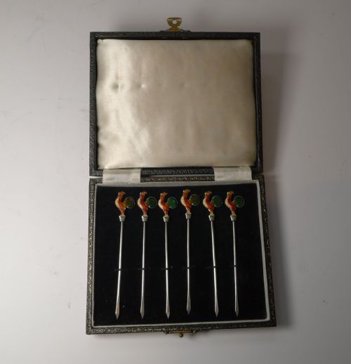 Set Six Solid Sterling Silver & Enamel Cocktail Sticks C.1940