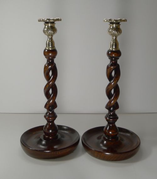 Pair Antique English Oak Open Barley Twist Candlesticks C.1910