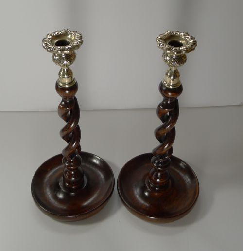 fig 1. Pair Antique English Oak Open Barley Twist Candlesticks c.1910