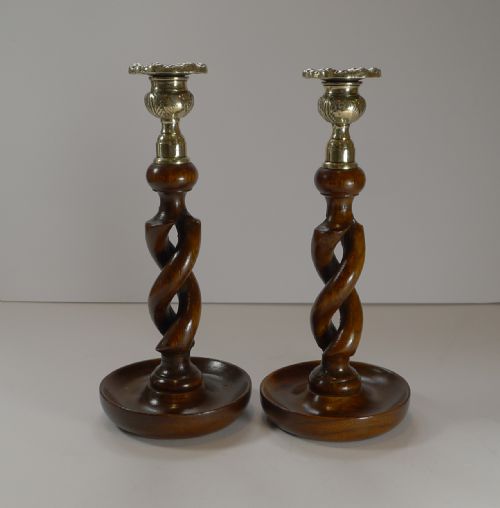 Pair 10" Antique English Oak Barley Twist Candlesticks - Brass Thistle Tops