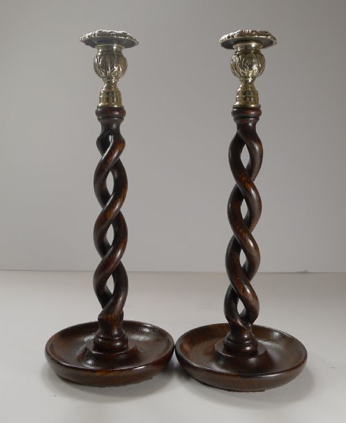Pair Antique English Oak Open Barley Twist Candlesticks C.1910