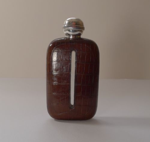RARE CROCODILE STERLING SILVER HIP SPIRIT FLASK WITH COLLAPSABLE CUP 1911 - ADDITIONAL PHOTO 1