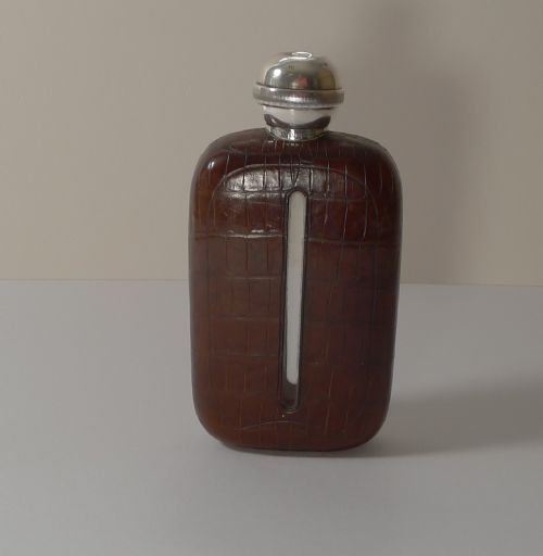 RARE CROCODILE STERLING SILVER HIP SPIRIT FLASK WITH COLLAPSABLE CUP 1911 - ADDITIONAL PHOTO 5
