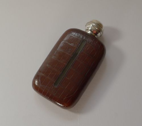 RARE CROCODILE STERLING SILVER HIP SPIRIT FLASK WITH COLLAPSABLE CUP 1911 - ADDITIONAL PHOTO 6