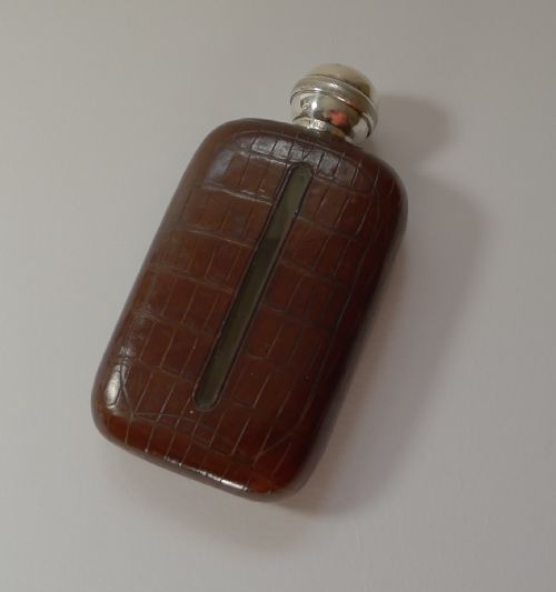 RARE CROCODILE STERLING SILVER HIP SPIRIT FLASK WITH COLLAPSABLE CUP 1911 - ADDITIONAL PHOTO 9