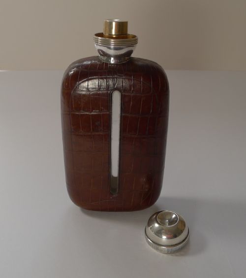 RARE CROCODILE STERLING SILVER HIP SPIRIT FLASK WITH COLLAPSABLE CUP 1911 - ADDITIONAL PHOTO 10