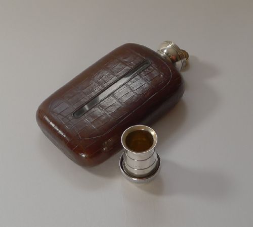 RARE CROCODILE STERLING SILVER HIP SPIRIT FLASK WITH COLLAPSABLE CUP 1911 - ADDITIONAL PHOTO 19