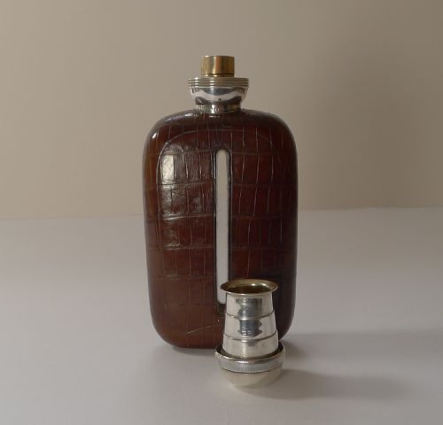 RARE CROCODILE STERLING SILVER HIP SPIRIT FLASK WITH COLLAPSABLE CUP 1911 - ADDITIONAL PHOTO 20