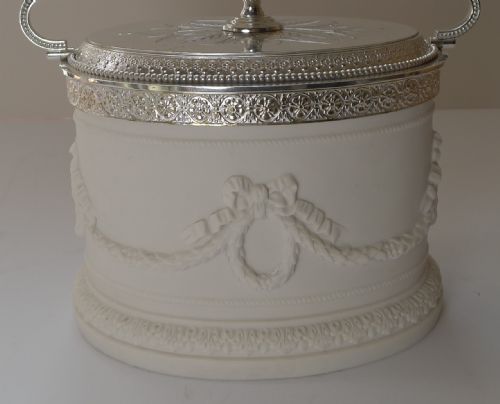 fig 1. Rare Antique English Parian & Silver Plate Biscuit Box c.1880