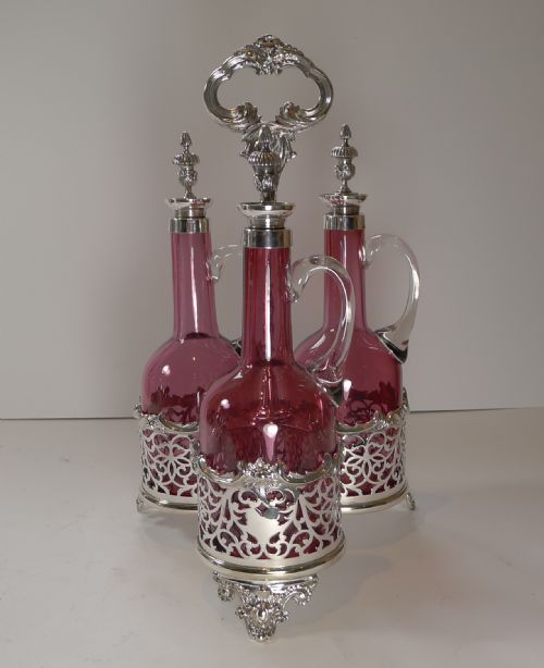 Stunning Cranberry Glass and Silver Plate Decanter Set C.1890