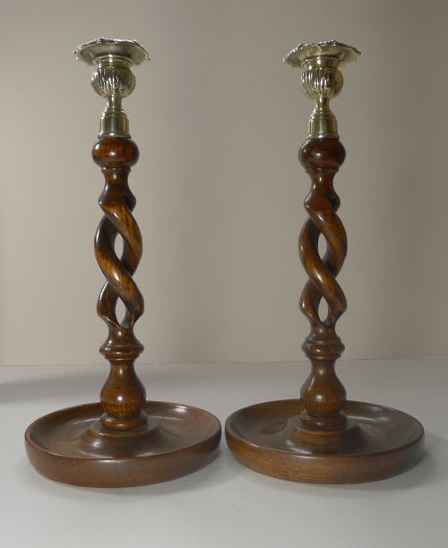 Pair 12" Antique English Oak Barley Twist Candlesticks - Brass Thistle Tops