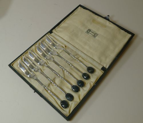 Liberty of London - Set Six Silver & Moss Agate Cake Forks - 1924