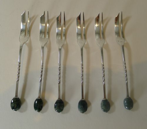 fig 2. Liberty of London - Set Six Silver & Moss Agate Cake Forks - 1924