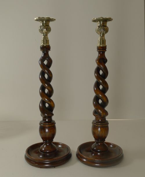 Handsome Tall (14 1/2") Open Oak Barley Twist Candlesticks C.1910