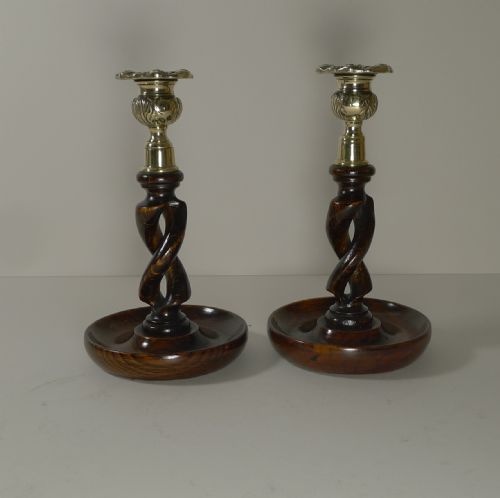Pair 8" Antique English Oak Open Barley Twist Candlesticks - Brass Thistle Tops