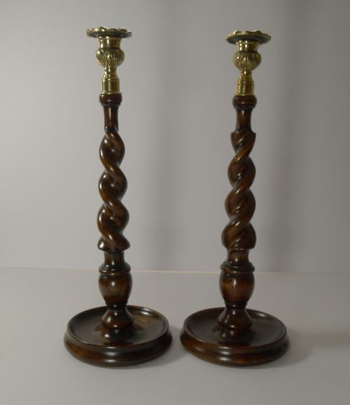 Pair Antique English Oak and Brass Barley Twist Candlesticks C.1900