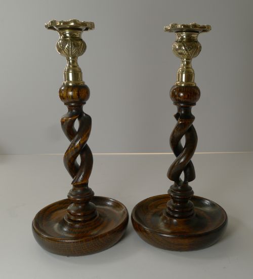Pair 10" Antique English Oak Barley Twist Candlesticks - Brass Thistle Tops