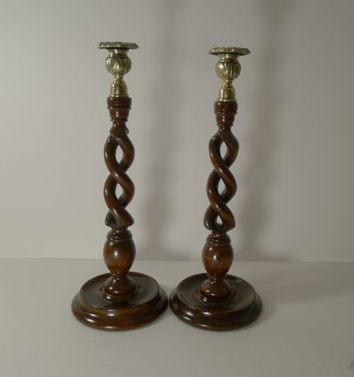 Handsome Tall (14") Open Oak Barley Twist Candlesticks C.1910