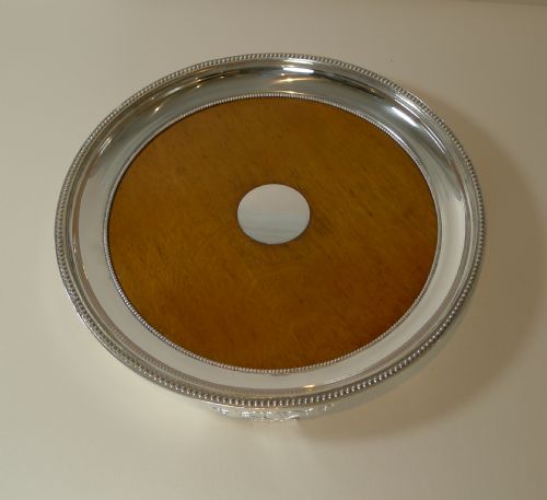 Antique English Circular Silver Plate and Oak Serving Tray - Registered 1871