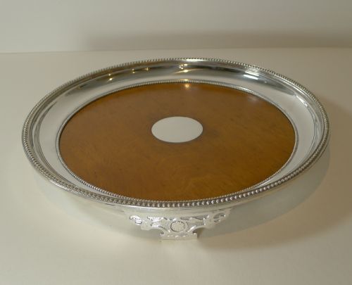 fig 1. Antique English Circular Silver Plate and Oak Serving Tray - Registered 1871