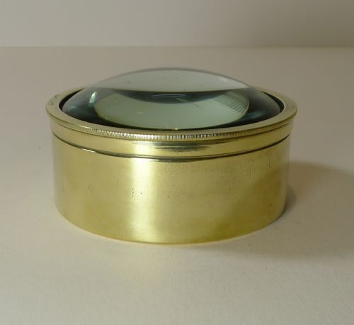 Large English Antique Brass Desk Magnifying Glass / Paperweight C.1910