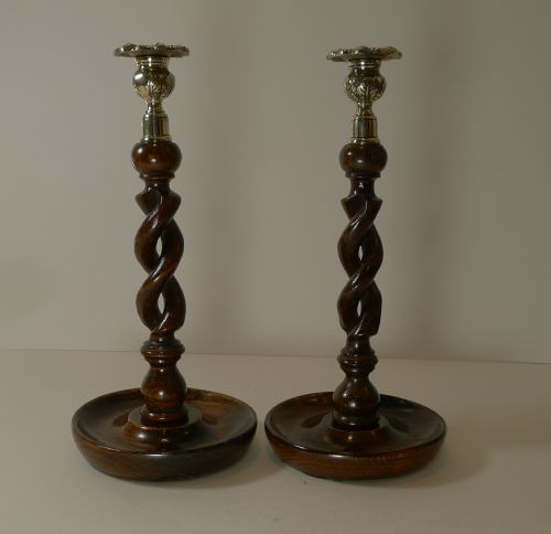 Pair 12 1/2" Antique English Oak Barley Twist Candlesticks - Brass Thistle Tops
