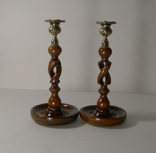 Pair 10" Antique English Oak Barley Twist Candlesticks - Brass Thistle Tops