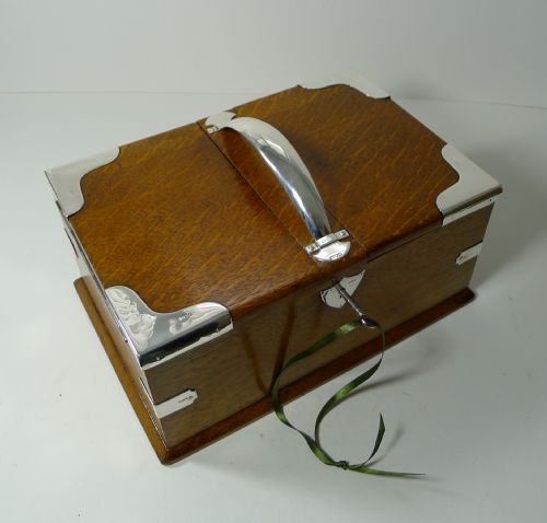 Large Antique English Sterling Silver Mounted Oak Cigar Box / Humidor - 1903