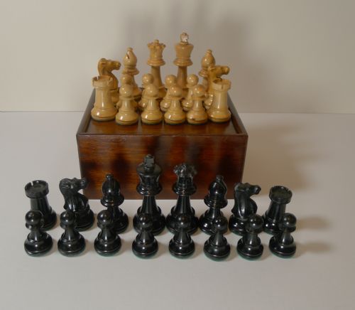 Antique English Boxwood Chess Set with Storage Box C.1910