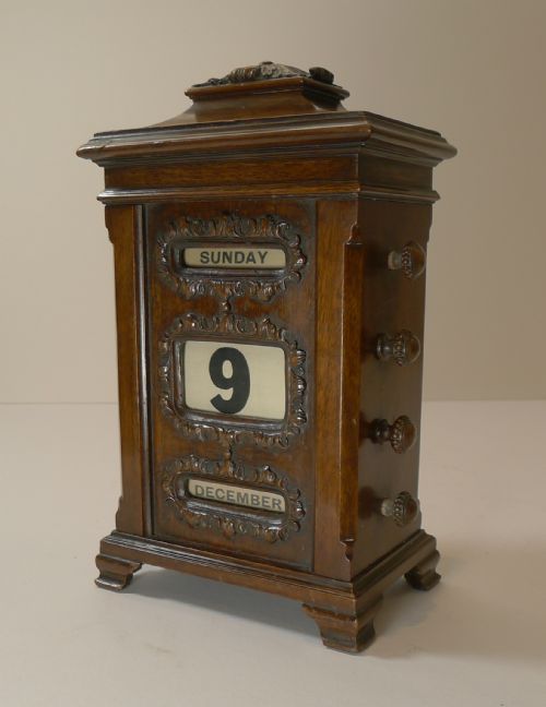 Rare Hand Carved Mahogany Desk-top Perpetual Calendar C.1900