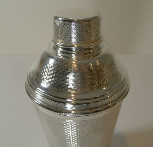 fig 1. Large English Art Deco Silver Plated Cocktail Shaker - Engine Turned.