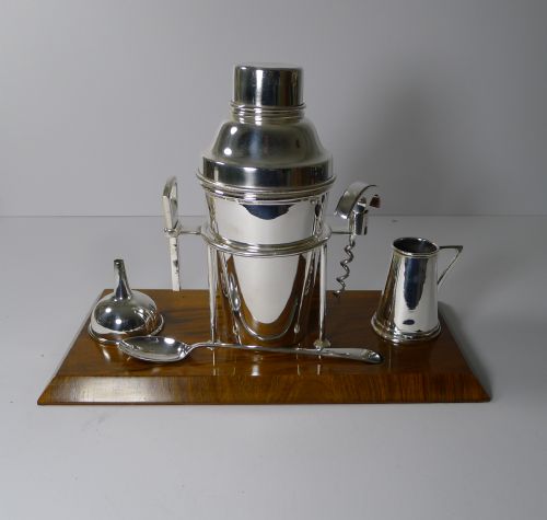 English Art Deco Cocktail Shaker / Drinks Set on Walnut Stand