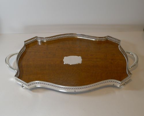 Stunning Antique English Oak and Silver Plate Drinks Tray C.1900