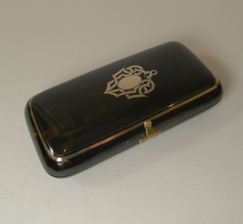 Opulent Antique Tortoise Shell Cigar Case - Gold Pique Inlay