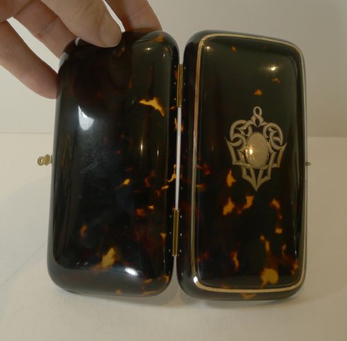 fig 1. Opulent Antique Tortoise Shell Cigar Case - Gold Pique Inlay