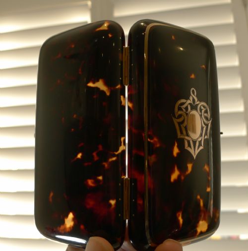 fig 2. Opulent Antique Tortoise Shell Cigar Case - Gold Pique Inlay