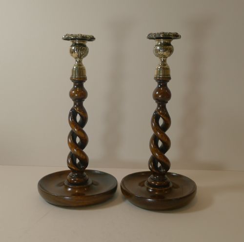 Pair 10 1/2" Antique English Oak Barley Twist Candlesticks - Brass Thistle Tops