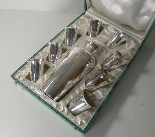 Boxed French Art Deco Silver Plated Cocktail Shaker / Set
