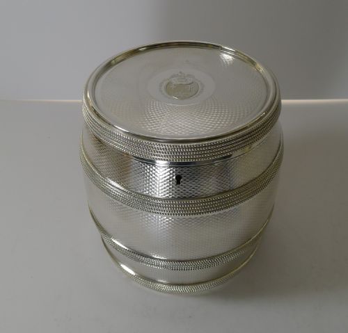 Rare Victorian Barrel Biscuit Box in Silver Plate Reg. 1866