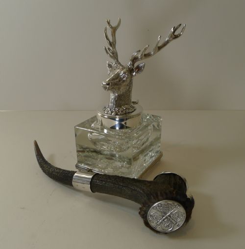 Grand Cut Glass, Silver Plate & Horn Stag Inkwell C.1901