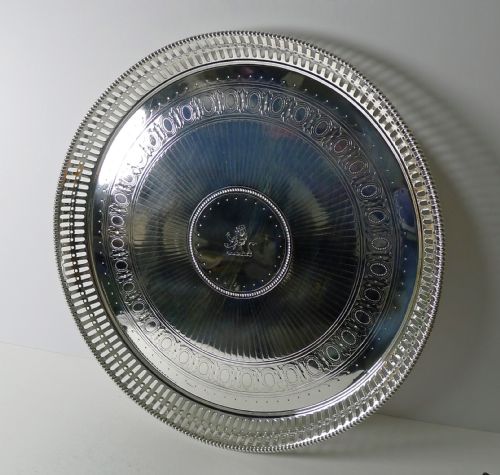 LARGE ANTIQUE ENGLISH SILVER PLATED CIRCULAR TRAY BY ELKINGTON 1875