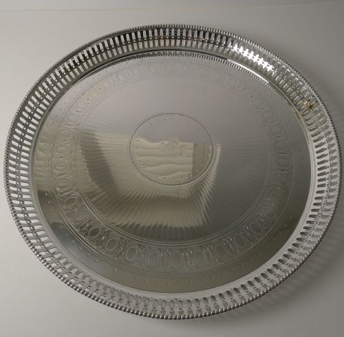 LARGE ANTIQUE ENGLISH SILVER PLATED CIRCULAR TRAY BY ELKINGTON 1875 - ADDITIONAL PHOTO 1