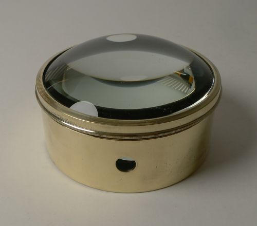 Large English Antique Brass Desk Magnifying Glass / Paperweight C.1910