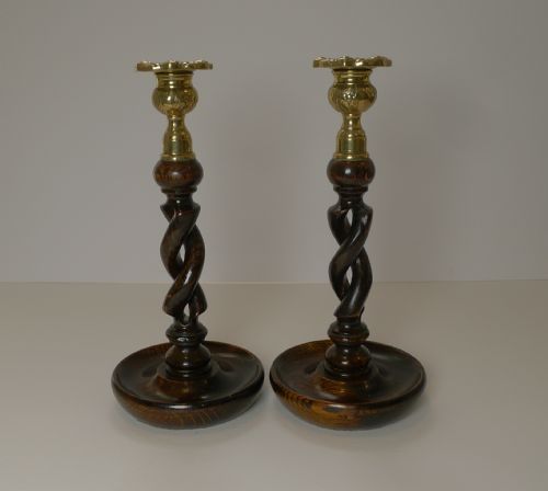 Pair Antique English Oak Barley Twist Candlesticks