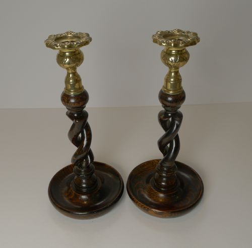 fig 1. Pair Antique English Oak Barley Twist Candlesticks