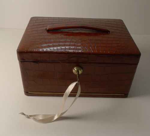 Fine Antique English Crocodile Jewellery Box C.1900 by Mappin & Webb