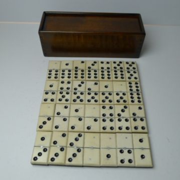 Antique English Boxed Bone & Ebony Wood Dominoes